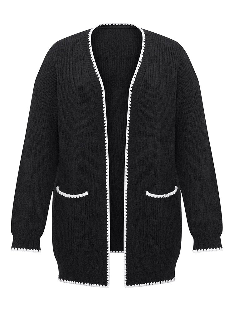 Supersoft Essentials Contrast Trim Open Front Pocket Knit Cardigan 