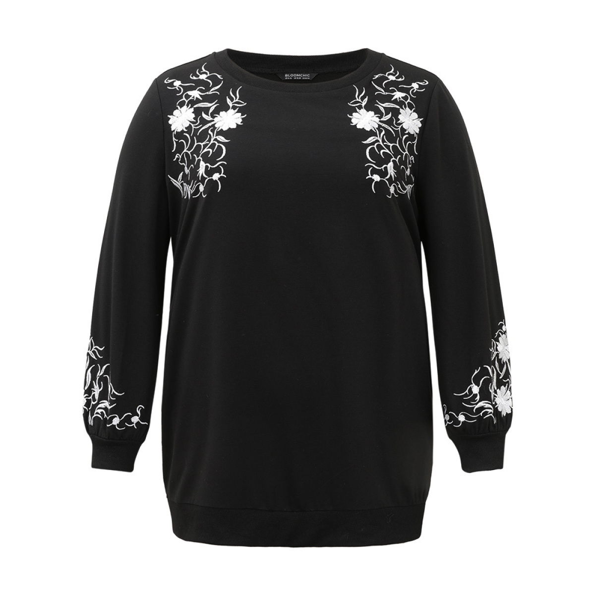 

Plus Size Floral Embroidered Pocket Elastic Cuffs Sweatshirt Women Black Elegant Rib Knit Round Neck Dailywear Sweatshirts BloomChic