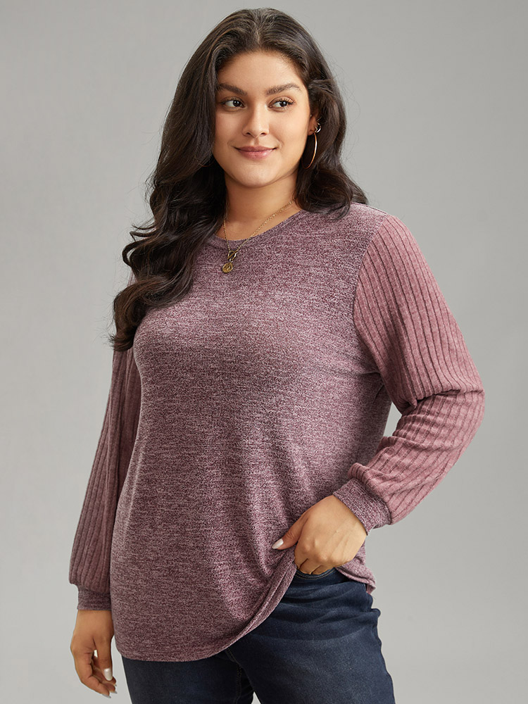 

Plus Size Heather Plisse Patchwork Crew Neck T-shirt Russet Women Casual Rib Knit Plain Round Neck Dailywear T-shirts BloomChic