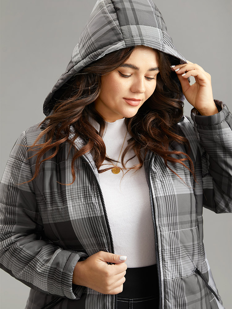 

Plus Size Plaid Contrast Zipper Hooded Coat Women DimGray Casual Lined Ladies Dailywear Winter Coats BloomChic