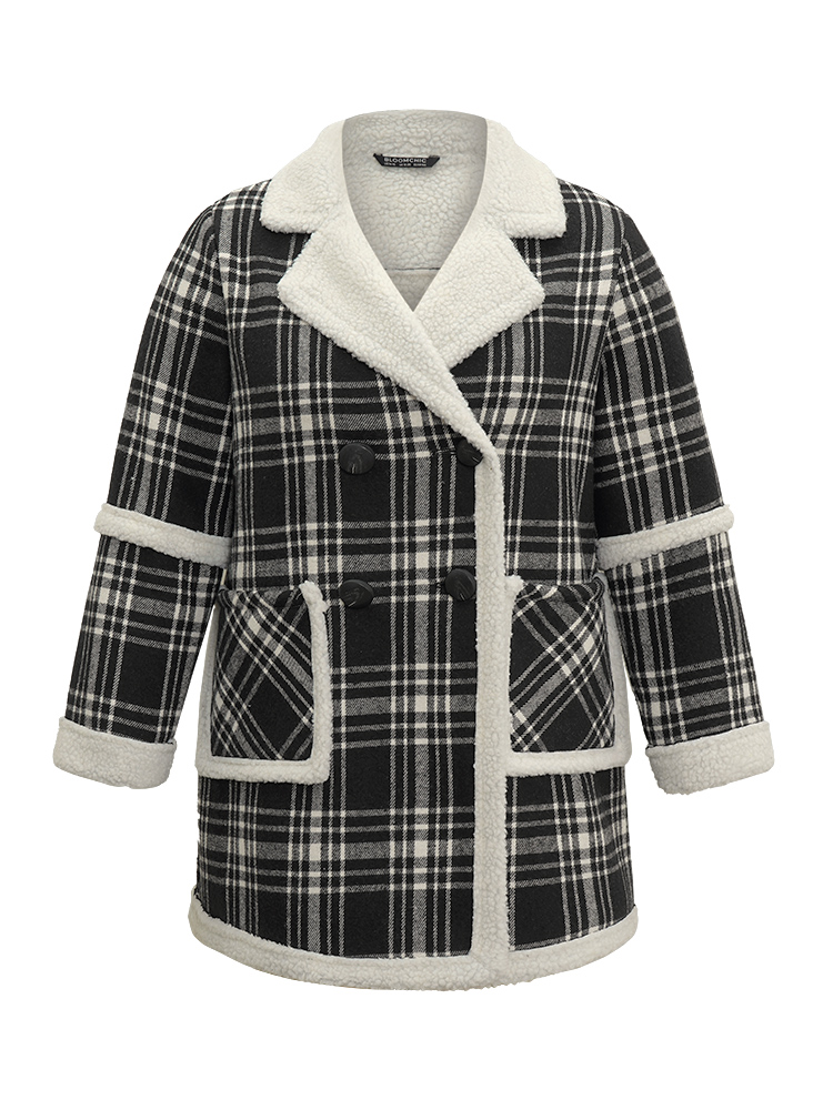 

Plus Size Lapel Collar Plaid Pocket Fuzzy Trim Coat Women Black Casual Lined Ladies Dailywear Winter Coats BloomChic