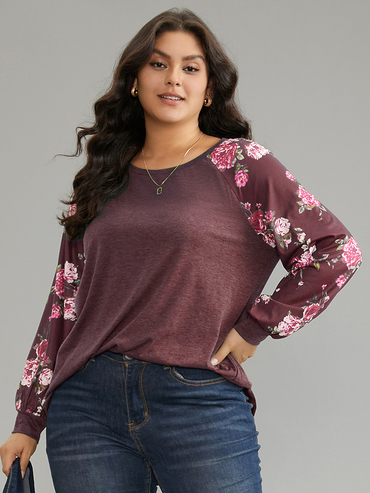 

Plus Size Floral Patchwork Crew Neck Raglan Sleeve T-shirt Russet Women Elegant Printed Floral Round Neck Dailywear T-shirts BloomChic