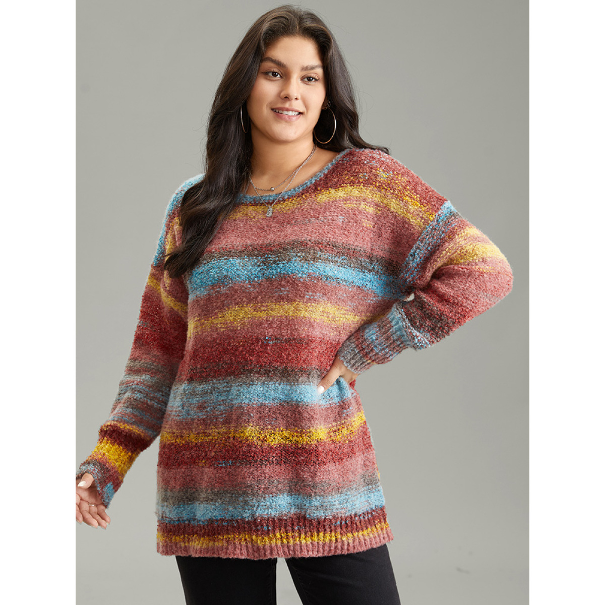 

Plus Size Heather Colorblock Contrast Drop Shoulder Pullover Russet Women Casual Loose Long Sleeve Round Neck Everyday Pullovers BloomChic