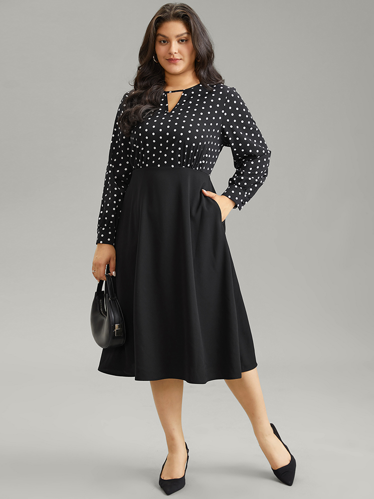 

Plus Size Polka Dot Keyhole Patchwork Dress Black Women At the Office Printed Keyhole Cut-Out Long Sleeve Curvy Knee Dress BloomChic