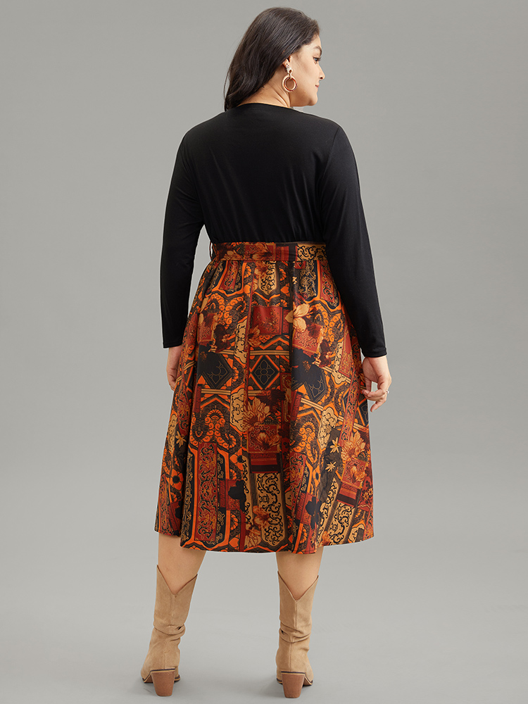 Plus Size Women Vacation Bohemian Print Belted Regular Sleeve Long Sleeve V-neck Pocket Belt Vacation Dresses BloomChic 