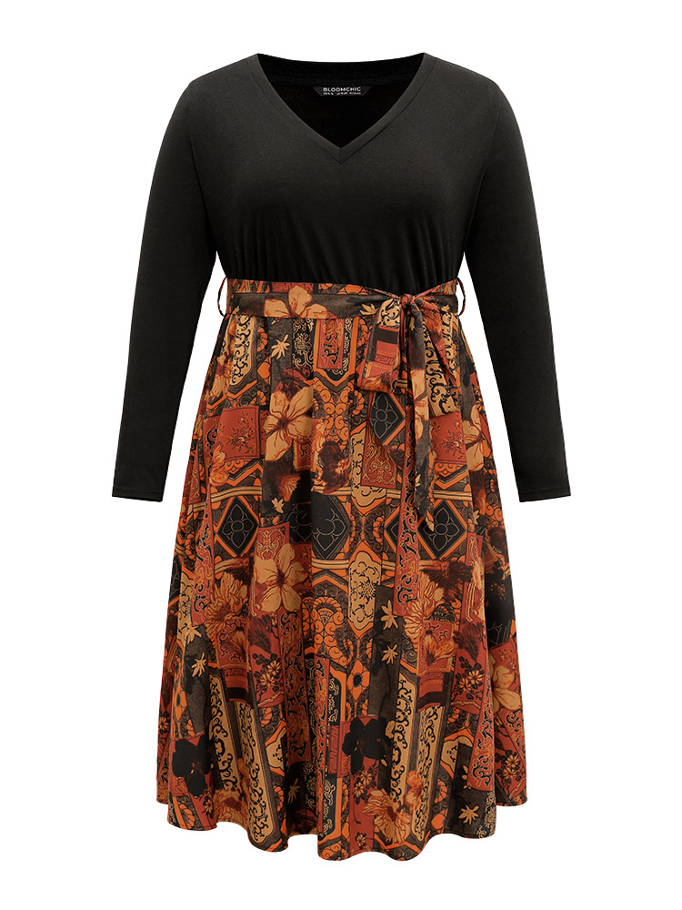 Plus Size Women Vacation Bohemian Print Belted Regular Sleeve Long Sleeve V-neck Pocket Belt Vacation Dresses BloomChic 