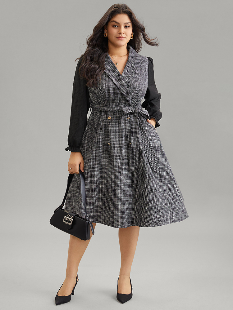 

Plus Size Tweed Suit Collar Belted Button Detail Dress Black Women Office Texture Suit Collar Long Sleeve Curvy Midi Dress BloomChic