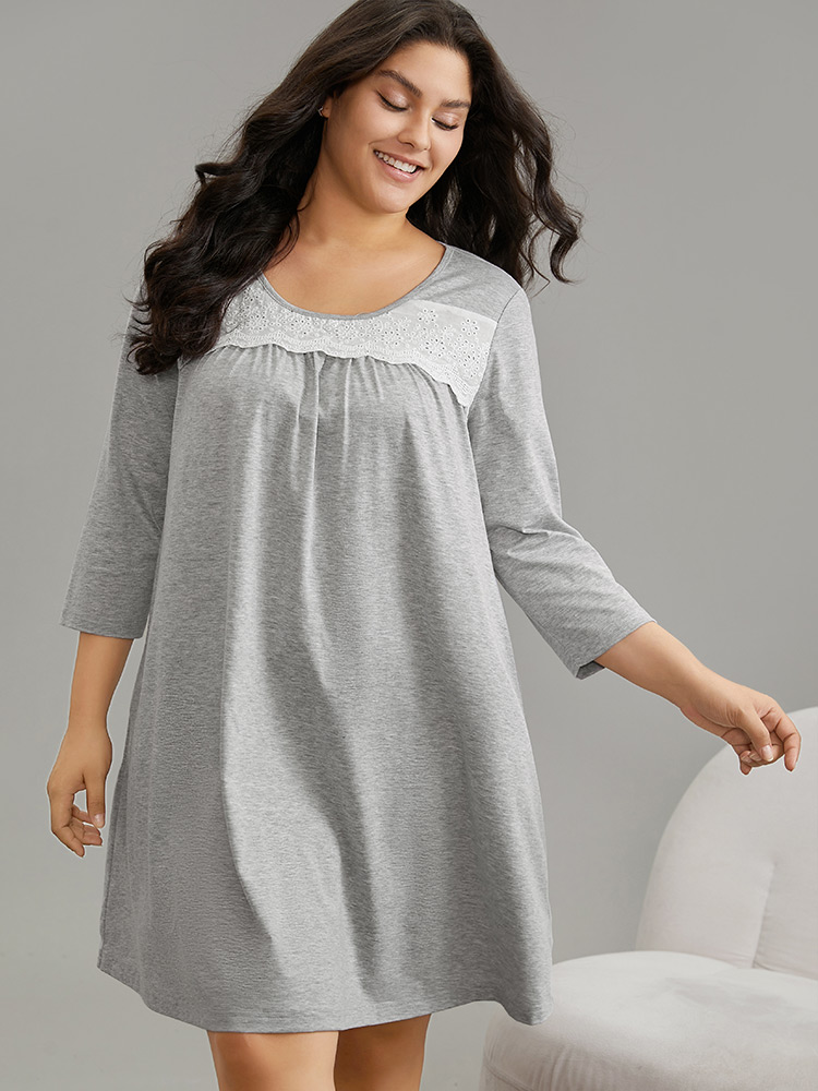 

Plus Size Guipure Lace Pocket Gathered Sleep Dress LightGray Elbow-length sleeve Round Neck Elegant Dailywear  Bloomchic