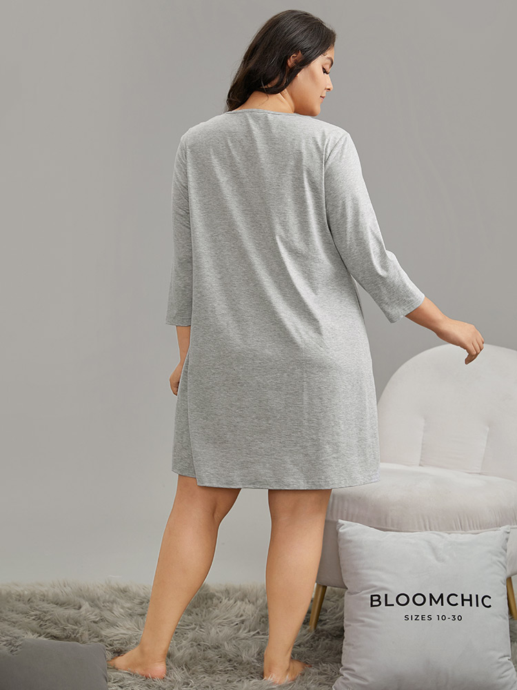 

Plus Size Guipure Lace Pocket Gathered Sleep Dress LightGray Elbow-length sleeve Round Neck Elegant Dailywear  Bloomchic