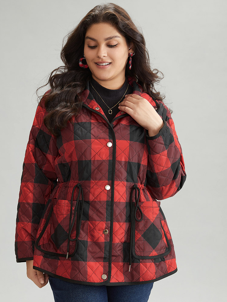 

Plus Size Plaid Contrast Trim Drawstring Button Through Coat Women Red Casual Lined Ladies Dailywear Winter Coats BloomChic