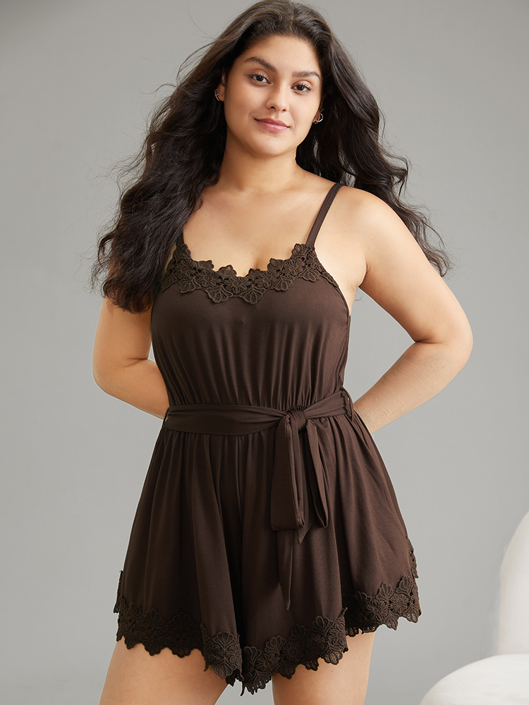 

Plus Size Lace Panel Belted Adjustable Straps Sleep Dress DarkBrown Adjustable Straps Dailywear Elegant Sleep Jumpsuits/Rompers  Bloomchic