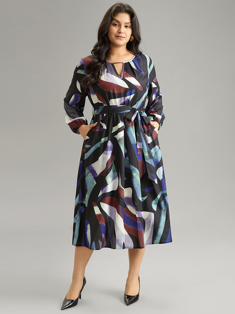 

Plus Size Metal Strip Notched Belted Colorblock Contrast Dress Multicolor Women At the Office Elastic cuffs Keyhole Cut-Out Long Sleeve Curvy Midi Dress BloomChic