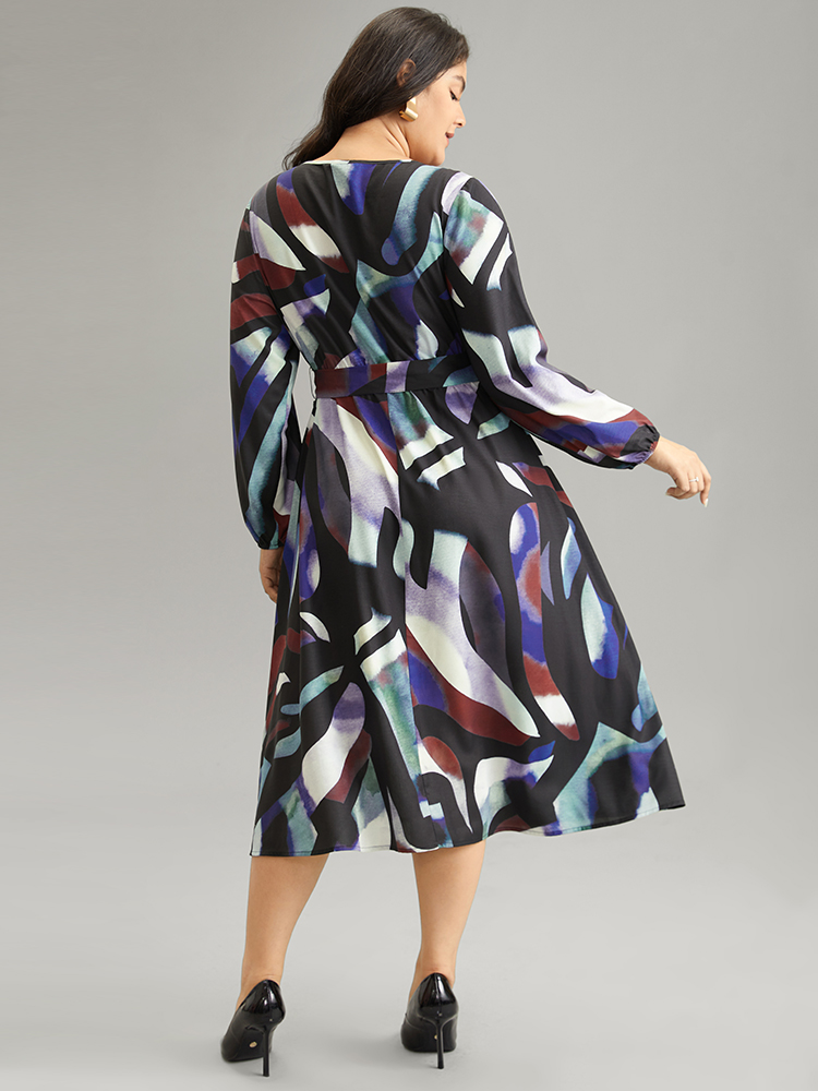 Plus Size Metal Strip Notched Belted Colorblock Contrast Dress Multicolor Women At the Office Elastic cuffs Keyhole Cut-Out Long Sleeve Curvy Midi Dress BloomChic 30/6X 