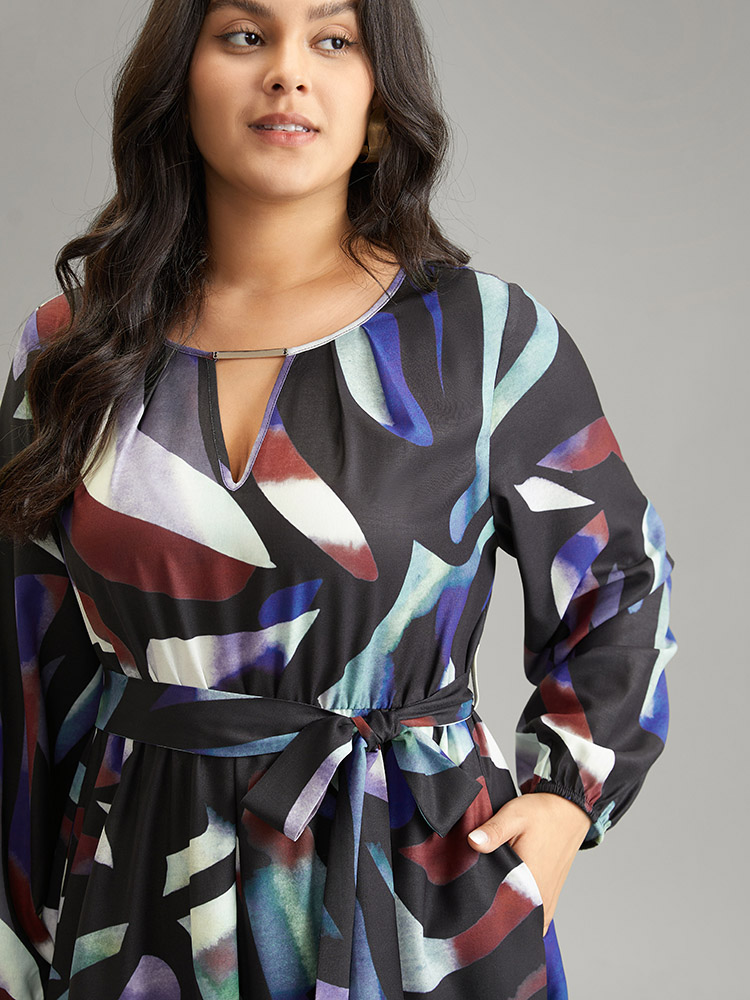 Plus Size Metal Strip Notched Belted Colorblock Contrast Dress Multicolor Women At the Office Elastic cuffs Keyhole Cut-Out Long Sleeve Curvy Midi Dress BloomChic 30/6X 