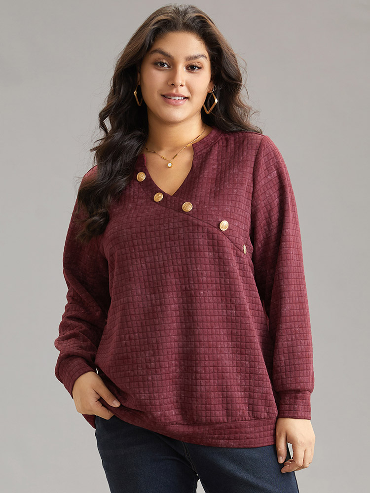 

Plus Size Plain Textured Notched Button Detail Sweatshirt Women Burgundy Casual Texture Notched collar Dailywear Sweatshirts BloomChic