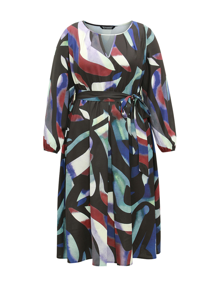 Plus Size Metal Strip Notched Belted Colorblock Contrast Dress Multicolor Women At the Office Elastic cuffs Keyhole Cut-Out Long Sleeve Curvy Midi Dress BloomChic 30/6X 