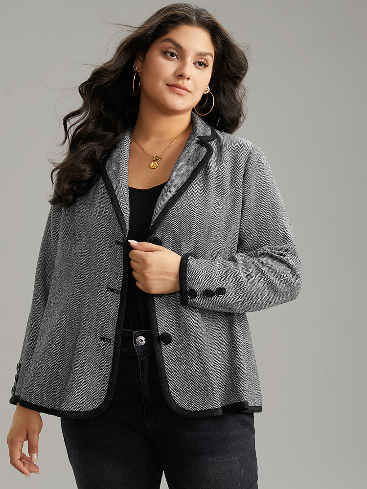 

Plus Size Suit Collar Contrast Trim Button Up Blazer DimGray Women Work Plain Texture Sleeve Long Sleeve Suit Collar  At the Office Blazers BloomChic