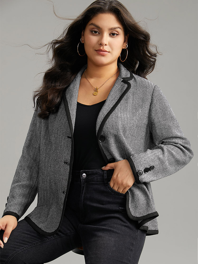 

Plus Size Suit Collar Contrast Trim Button Up Blazer DimGray Women Work Plain Texture Sleeve Long Sleeve Suit Collar  At the Office Blazers BloomChic
