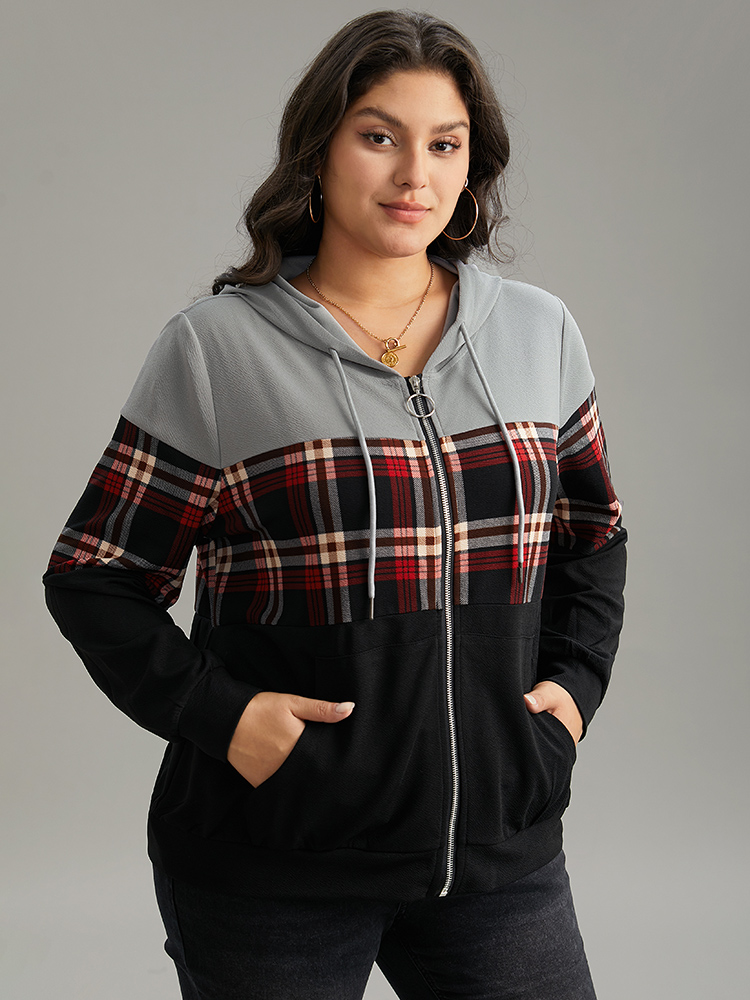 

Plus Size Plaid Contrast Hooded O Ring Zipper Jacket Women Black Contrast Pocket Dailywear Jackets BloomChic