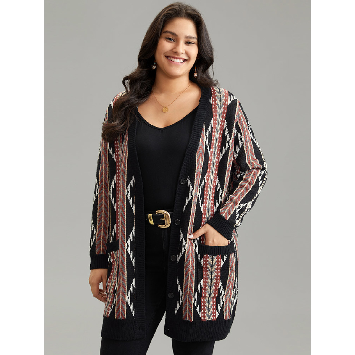 

Plus Size Bandana Print Button Down Patched Pocket Tunic Cardigan Multicolor Women Casual Loose Long Sleeve Dailywear Cardigans BloomChic