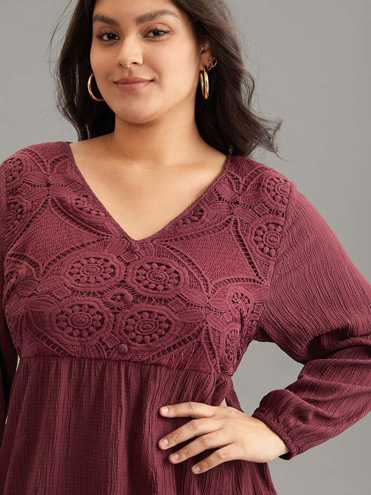 

Plus Size Burgundy Solid Crochet Lace Button Detail Blouse Women Elegant Long Sleeve V-neck Dailywear Blouses BloomChic