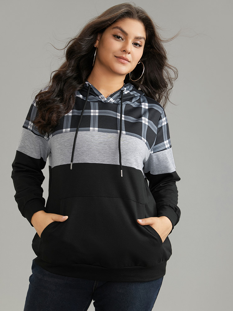 

Plus Size Colorblock Contrast Plaid Kangaroo Pocket Sweatshirt Women Black Casual Contrast Hooded Dailywear Sweatshirts BloomChic