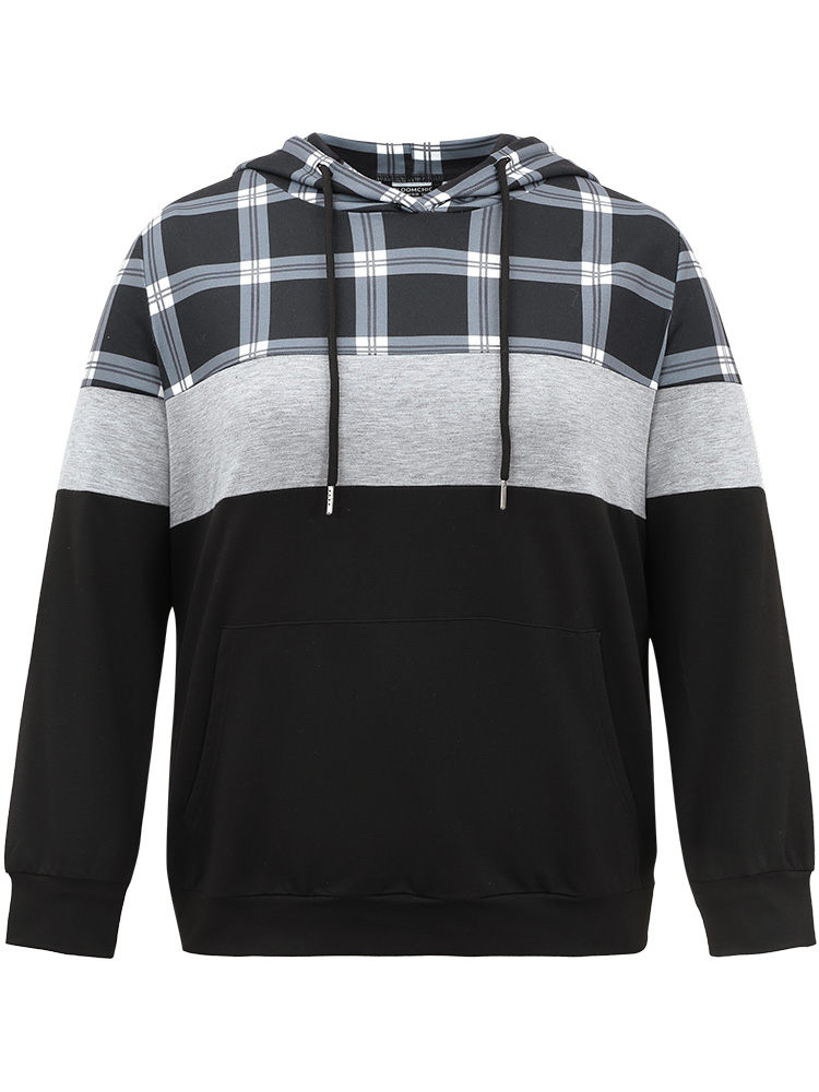 Plus Size Colorblock Contrast Plaid Kangaroo Pocket Sweatshirt Women Black Casual Contrast Hooded Dailywear Sweatshirts BloomChic 10/M 