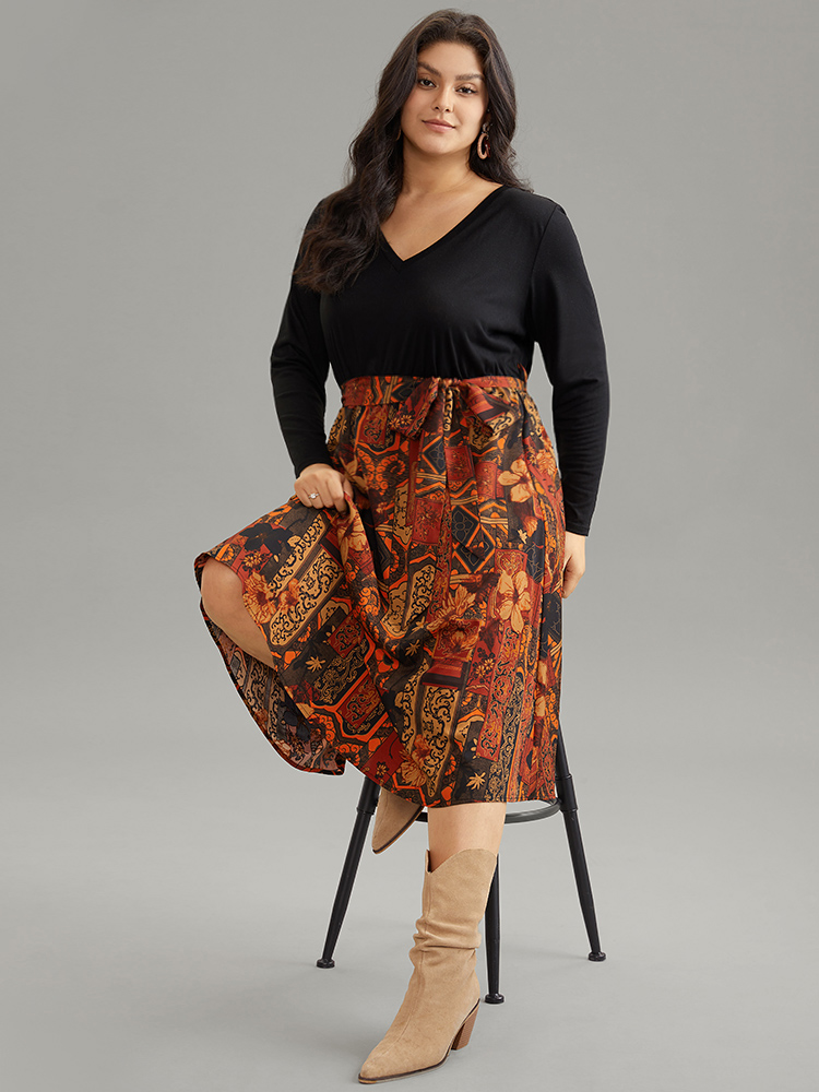 Plus Size Women Vacation Bohemian Print Belted Regular Sleeve Long Sleeve V-neck Pocket Belt Vacation Dresses BloomChic 