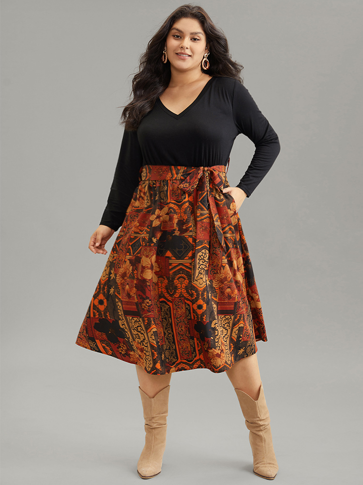 Plus Size Women Vacation Bohemian Print Belted Regular Sleeve Long Sleeve V-neck Pocket Belt Vacation Dresses BloomChic 