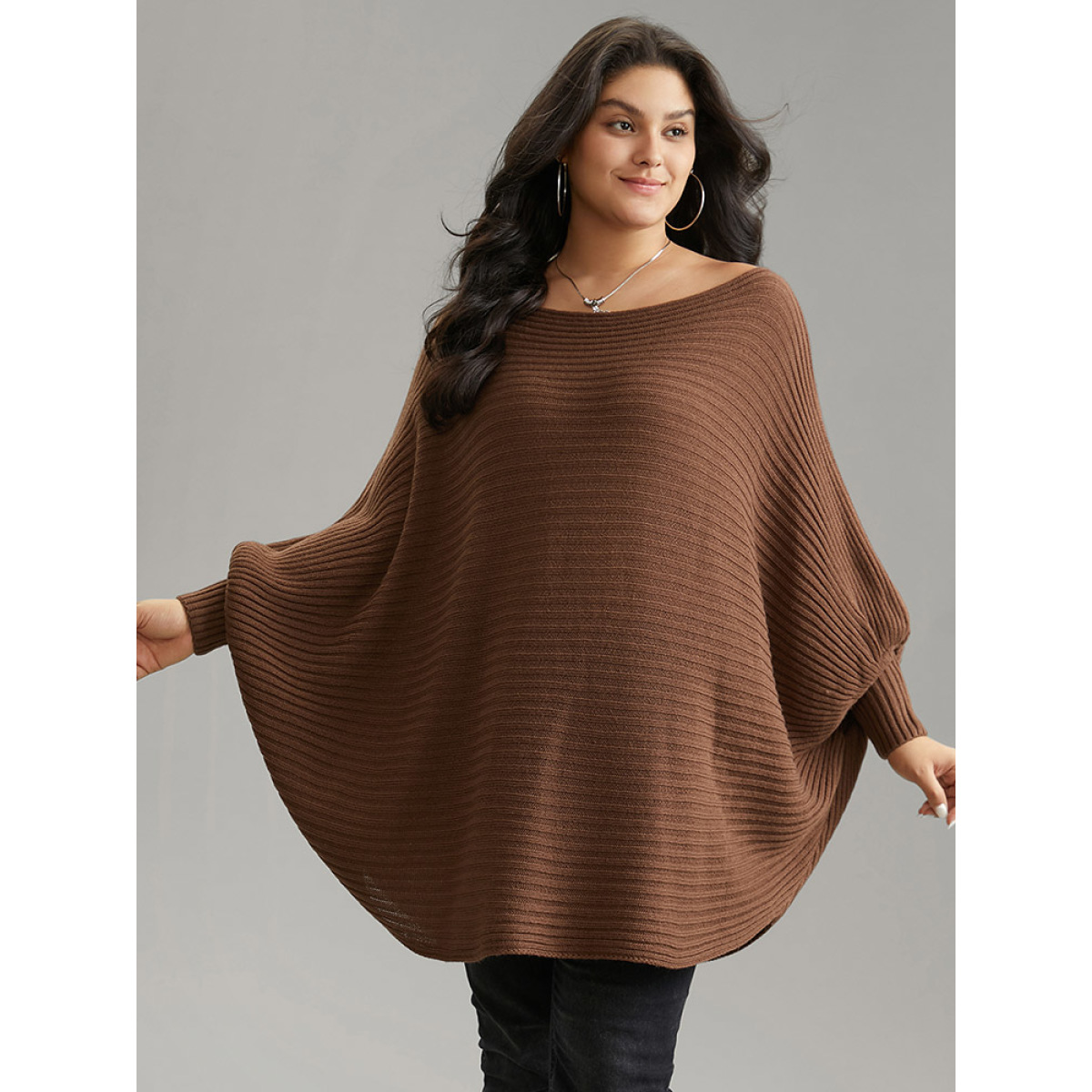 

Plus Size Solid Textured Off Shoulder Batwing Sleeve Pullover DarkBrown Women Casual Loose Long Sleeve One-shoulder neck Dailywear Pullovers BloomChic