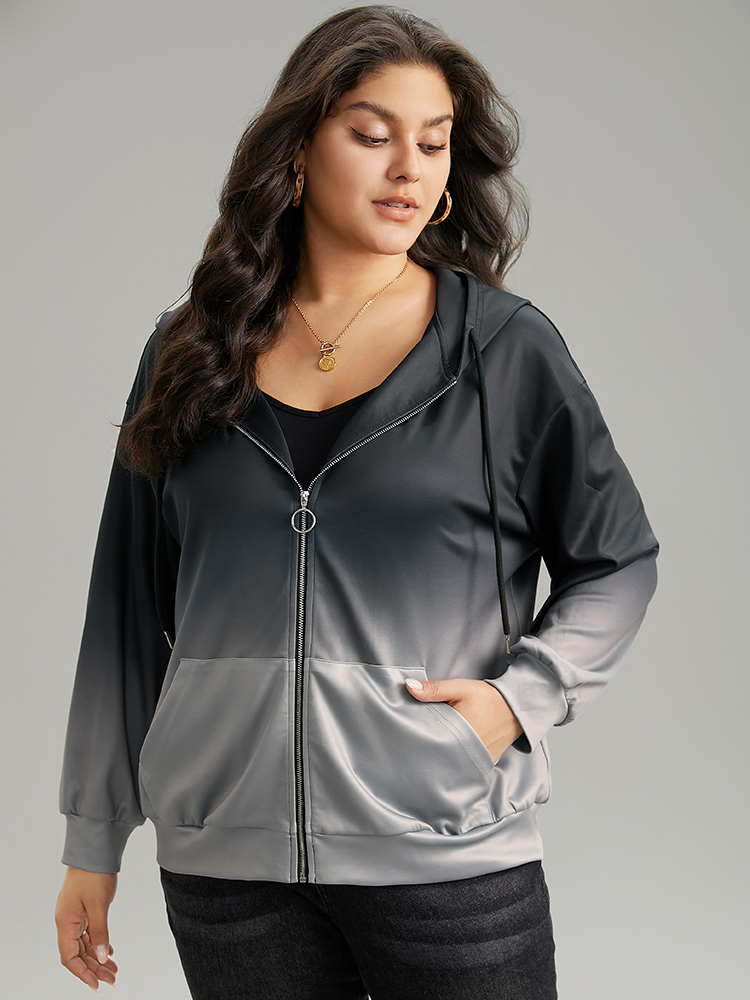 Plus Size Ombre Contrast Zipper Pocket Drawstring Jacket Women Gray Contrast Pocket Dailywear Jackets BloomChic 10/M 