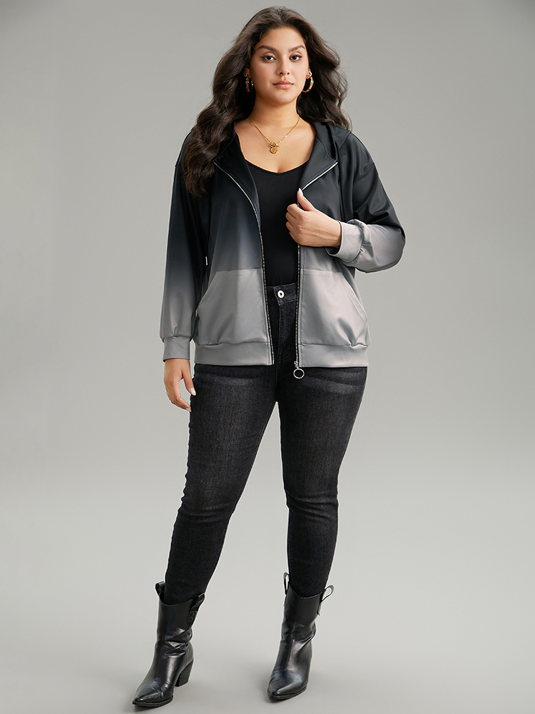 Plus Size Ombre Contrast Zipper Pocket Drawstring Jacket Women Gray Contrast Pocket Dailywear Jackets BloomChic 10/M 