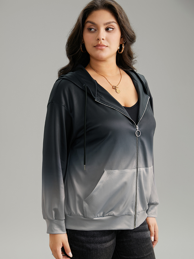 Plus Size Ombre Contrast Zipper Pocket Drawstring Jacket Women Gray Contrast Pocket Dailywear Jackets BloomChic 10/M 