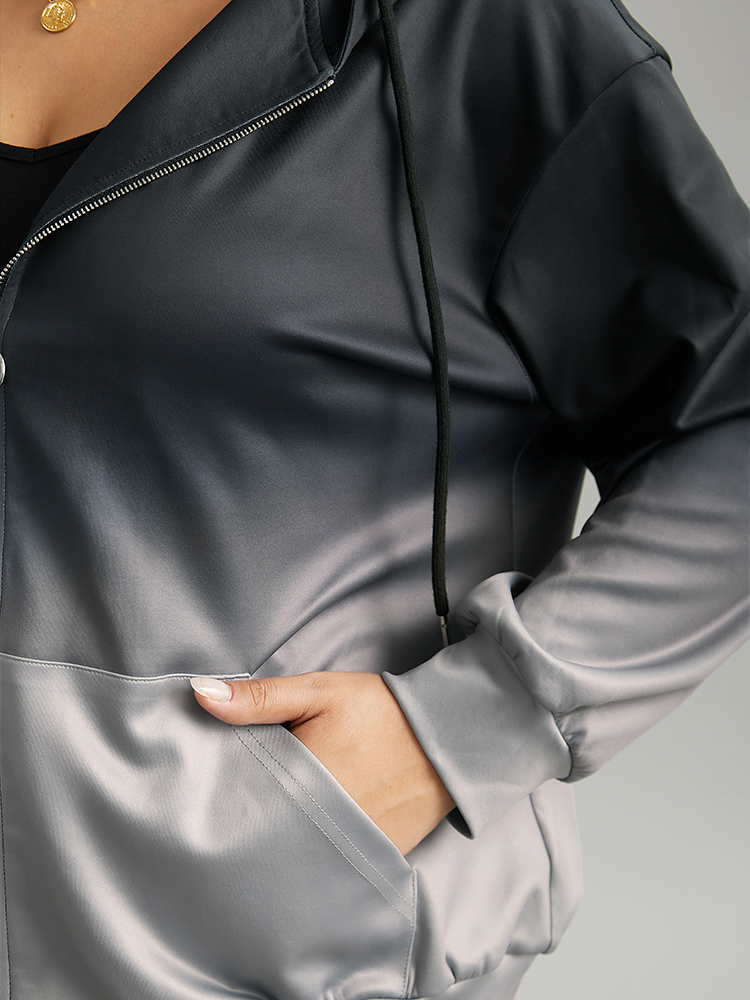 Plus Size Ombre Contrast Zipper Pocket Drawstring Jacket Women Gray Contrast Pocket Dailywear Jackets BloomChic 10/M 