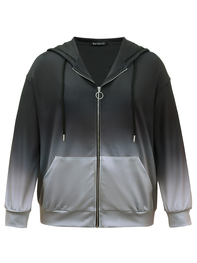 Plus Size Ombre Contrast Zipper Pocket Drawstring Jacket Women Gray Contrast Pocket Dailywear Jackets BloomChic 10/M 