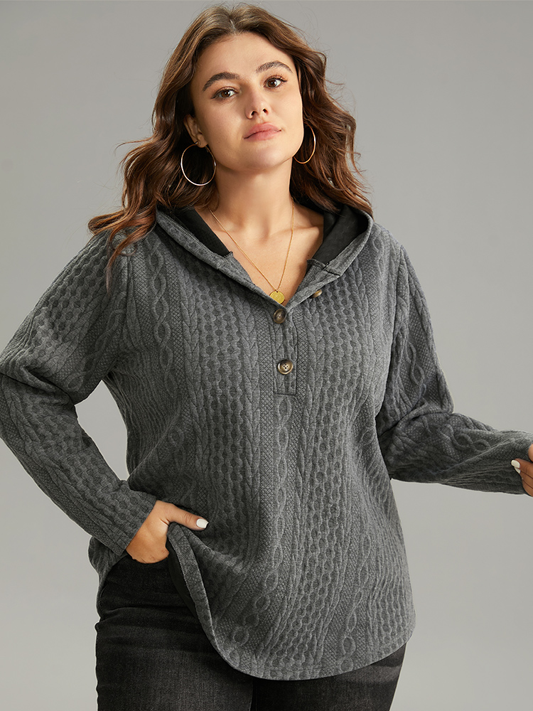 

Plus Size Plisse Button Through Hooded Curved Hem Sweatshirt Women DimGray Casual Texture Hooded Everyday Sweatshirts BloomChic