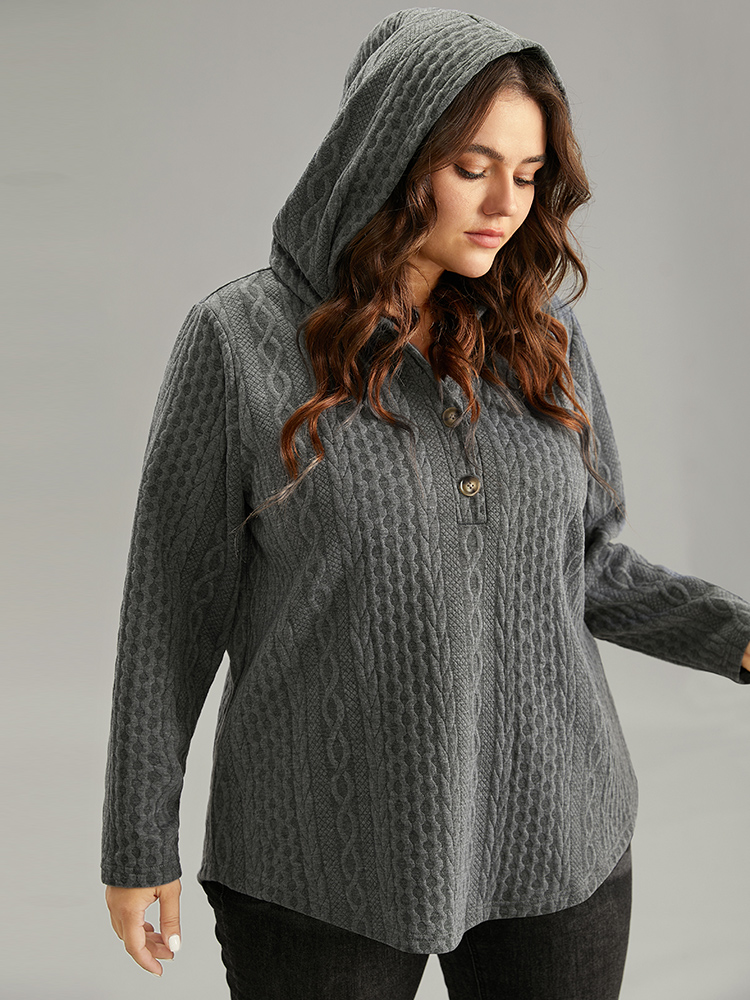 

Plus Size Plisse Button Through Hooded Curved Hem Sweatshirt Women DimGray Casual Texture Hooded Everyday Sweatshirts BloomChic