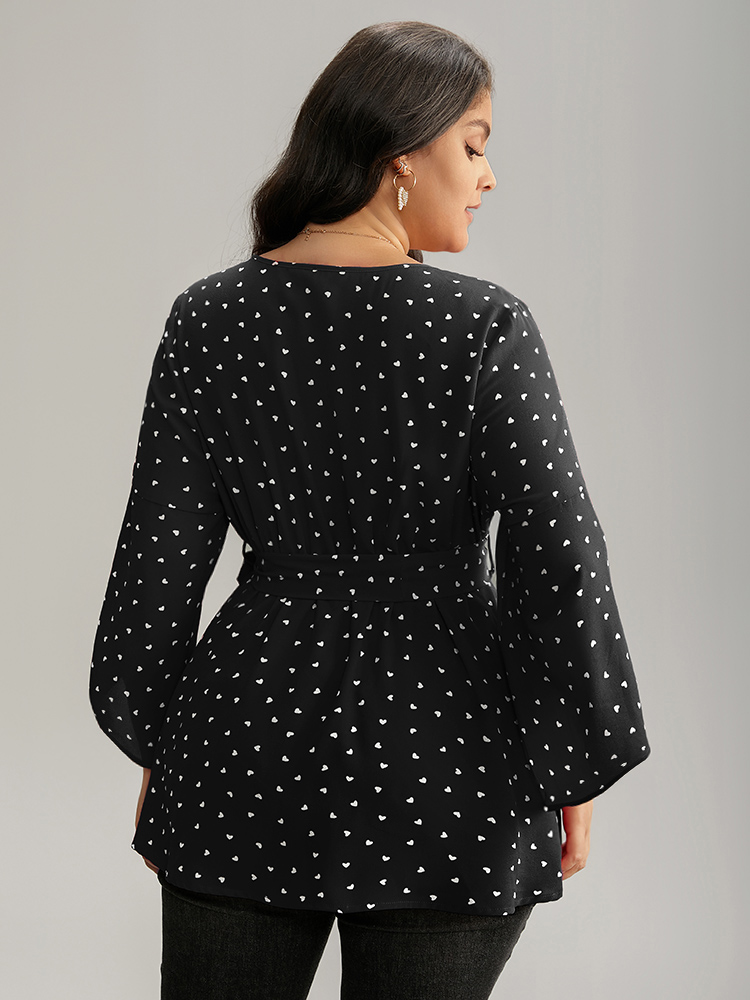 

Plus Size Black Heart Print Belted Petal Sleeve High Low Hem Blouse Women Elegant Elbow-length sleeve Round Neck Everyday Blouses BloomChic