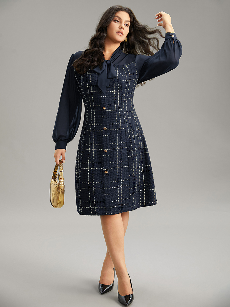 

Plus Size Coarse Tweed Patchwork Chiffon Mesh Tie Neck Dress Indigo Women At the Office Texture Tie Neck Long Sleeve Curvy Midi Dress BloomChic