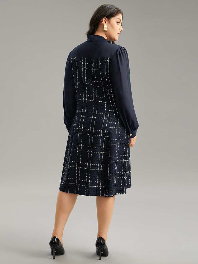 Plus Size Coarse Tweed Patchwork Chiffon Mesh Tie Neck Dress Indigo Women At the Office Texture Tie Neck Long Sleeve Curvy Midi Dress BloomChic 22-24/3X 