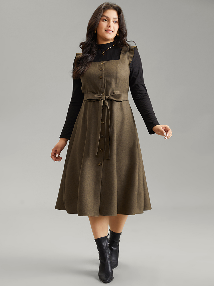 

Plus Size Solid Belted Ruffle Trim Button Through Sleeveless Dress ArmyGreen Women Office Plain Square Neck Sleeveless Curvy Midi Dress BloomChic