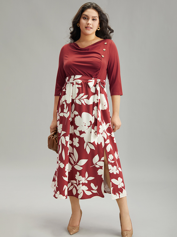 

Plus Size Silhouette Floral Print Cowl Neck Belted Split Hem Dress Scarlet Women Office Gathered Cowl Neck Long Sleeve Curvy Midi Dress BloomChic