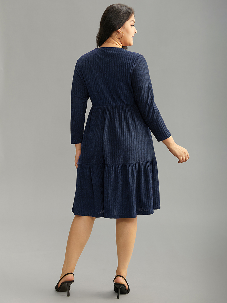 

Plus Size Rib Knit Round Neck Ruffle Layered Hem Dress Indigo Women Casual Texture Round Neck Long Sleeve Curvy Knee Dress BloomChic