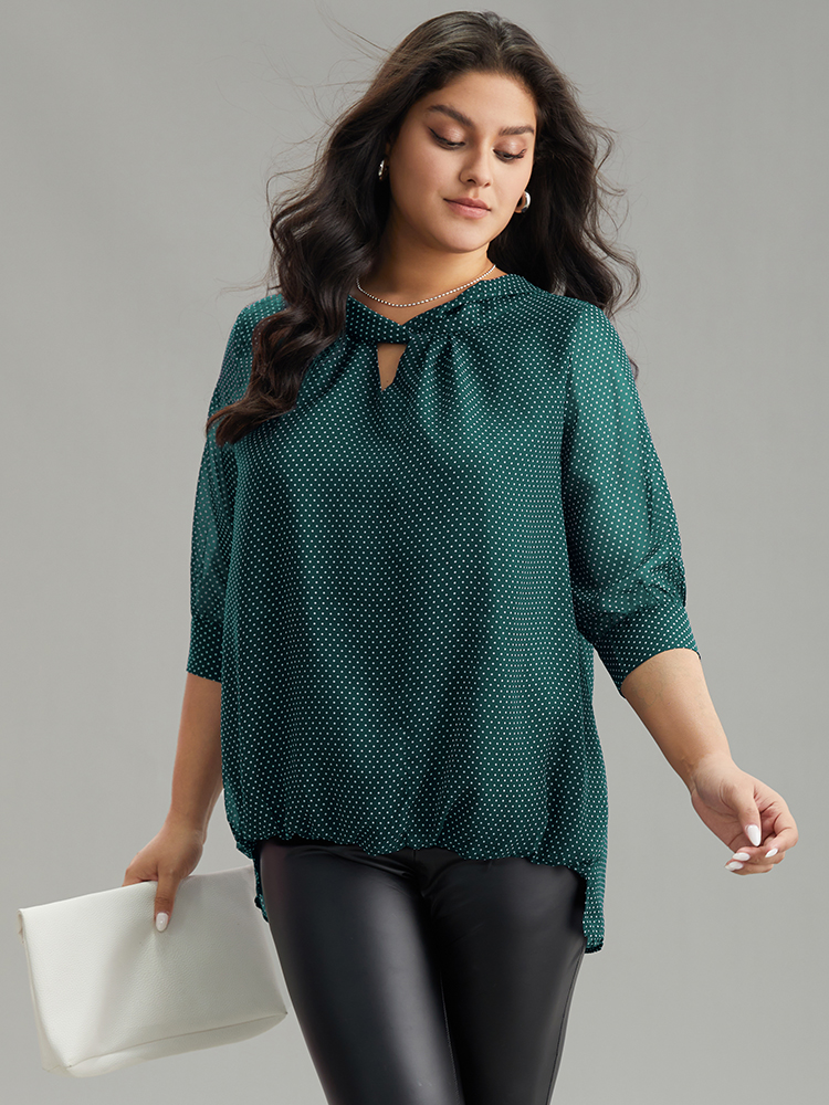 

Plus Size DarkGreen Chiffon Polka Dot Mesh Keyhole Twist Front Blouse Women Office Elbow-length sleeve Round Neck Work Blouses BloomChic