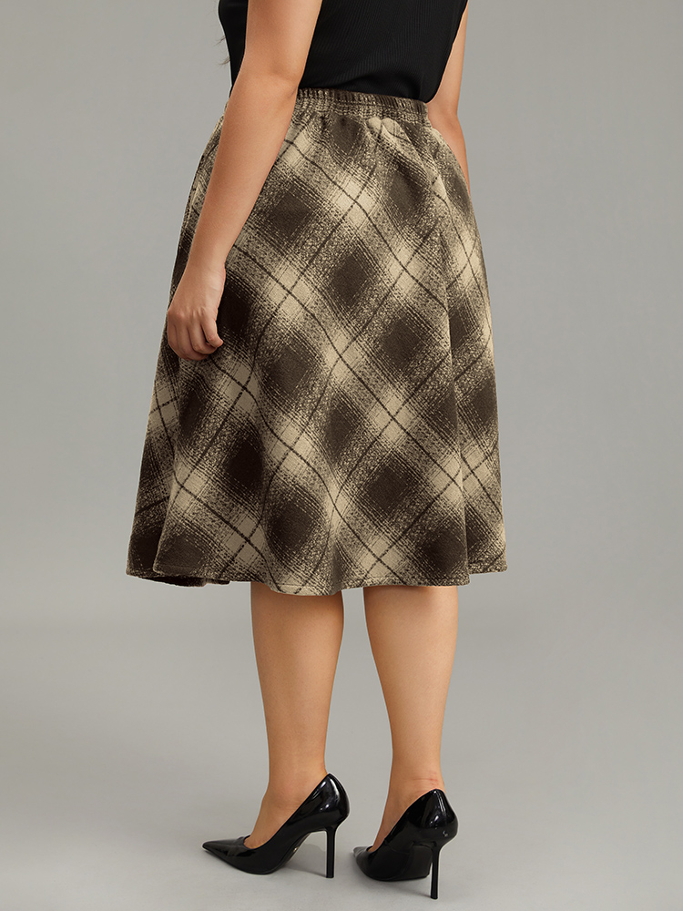 Plus Size Plaid Pocket Elastic Waist Skirt Women Brown Casual A-line No stretch Pocket Everyday Skirts BloomChic 28/5X 