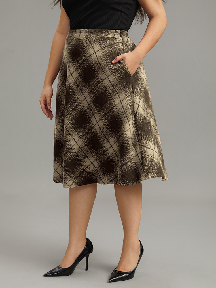Plus Size Plaid Pocket Elastic Waist Skirt Women Brown Casual A-line No stretch Pocket Everyday Skirts BloomChic 28/5X 