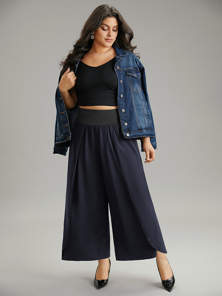 

Plus Size Plain Wrap Hem Wideband Waist Wide Leg Pants Women Indigo Casual Wide Leg High Rise Dailywear Pants BloomChic