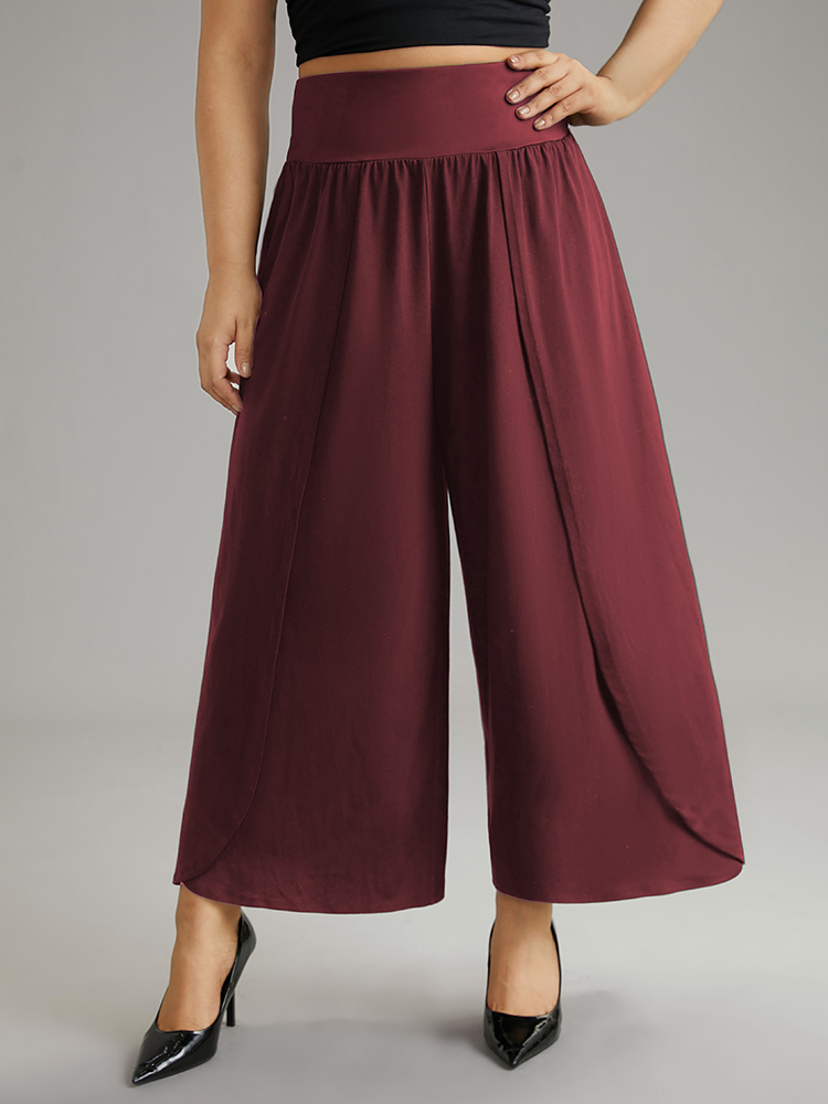 

Plus Size Plain Wrap Hem Wideband Waist Wide Leg Pants Women Burgundy Casual Wide Leg High Rise Dailywear Pants BloomChic