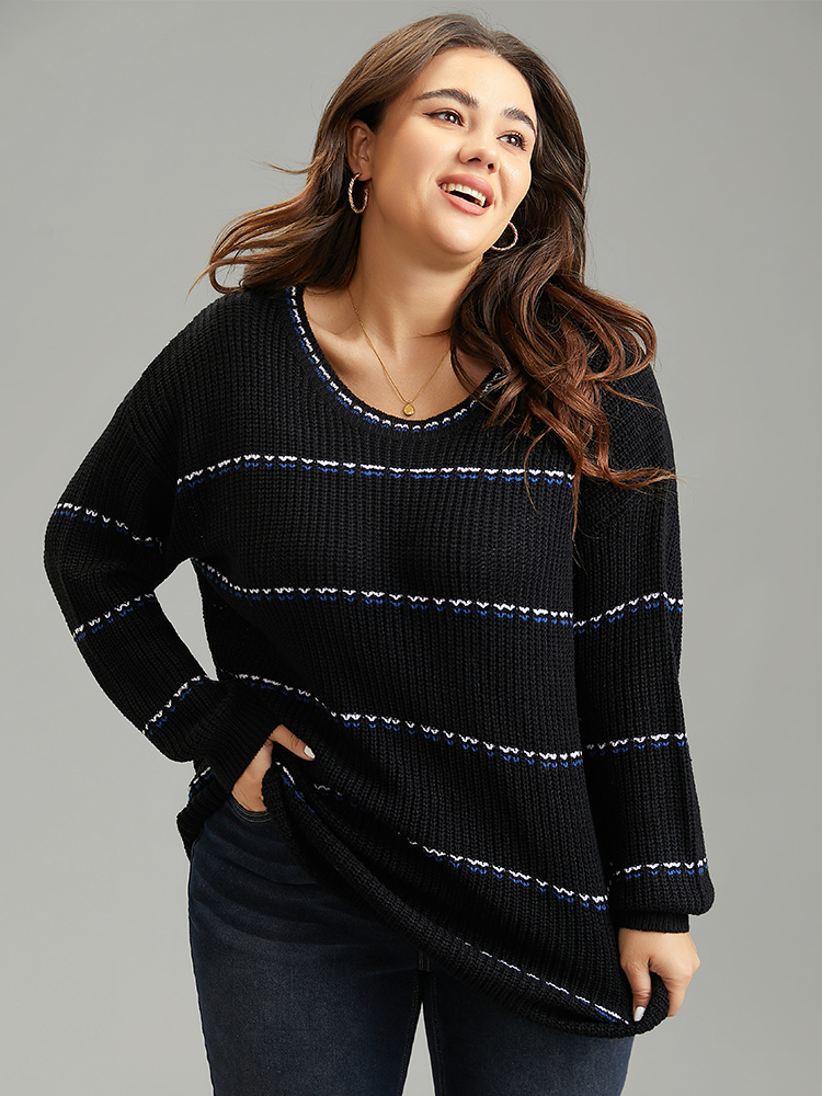 

Plus Size Contrast Striped Round Neck Elastic Cuffs Pullover Black Women Casual Loose Long Sleeve Everyday Pullovers BloomChic