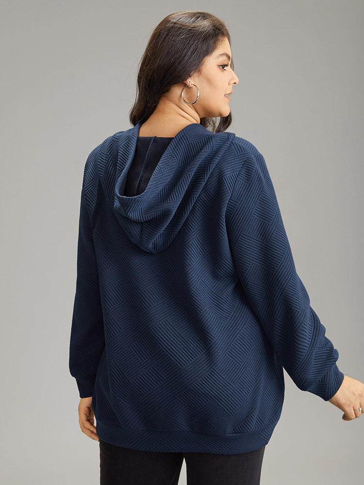 Plus Size Solid Textured Button Up Pocket Hooded Drawstring Sweatshirt Women Indigo Casual Texture Hooded Dailywear Sweatshirts BloomChic 12/L 